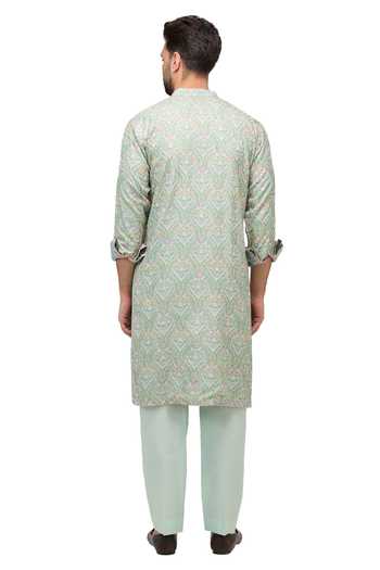 Shop Rabani & Rakha Green Silk, Cotton Beads Printed And Embroidered Kurta Set Online at Aza Fashions Shop_Rabani & Rakha_Green Silk, Cotton Beads Printed And Embroidered Kurta Set _Online_at_Aza_Fashions