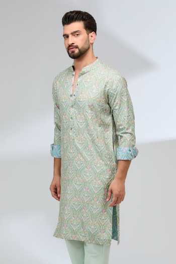 Rabani & Rakha Green Silk, Cotton Beads Printed And Embroidered Kurta Set at Aza Fashions Rabani & Rakha_Green Silk, Cotton Beads Printed And Embroidered Kurta Set _at_Aza_Fashions