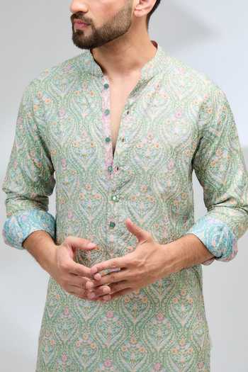 Buy Rabani & Rakha Green Silk, Cotton Beads Printed And Embroidered Kurta Set Buy_Rabani & Rakha_Green Silk, Cotton Beads Printed And Embroidered Kurta Set