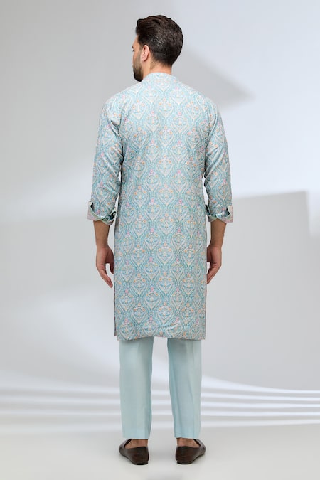 Shop Rabani & Rakha Blue Silk, Cotton Embroidery And Printed Kurta Set at Aza Fashions Shop_Rabani & Rakha_Blue Silk, Cotton Embroidery And Printed Kurta Set _at_Aza_Fashions