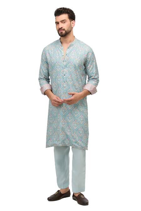 Buy Rabani & Rakha Blue Silk, Cotton Embroidery And Printed Kurta Set Online at Aza Fashions Buy_Rabani & Rakha_Blue Silk, Cotton Embroidery And Printed Kurta Set _Online_at_Aza_Fashions