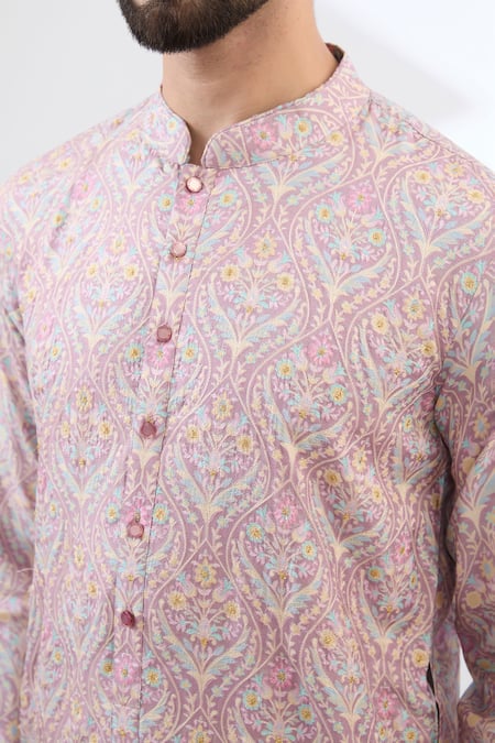 Buy_Rabani & Rakha_Pink Cotton Embroidery, Beads Floral Print Kurta Set _Online_at_Aza_Fashions