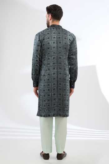 Shop Rabani & Rakha Grey Silk, Cotton Square Print Kurta And Pant Set at Aza Fashions Shop_Rabani & Rakha_Grey Silk, Cotton Square Print Kurta And Pant Set _at_Aza_Fashions