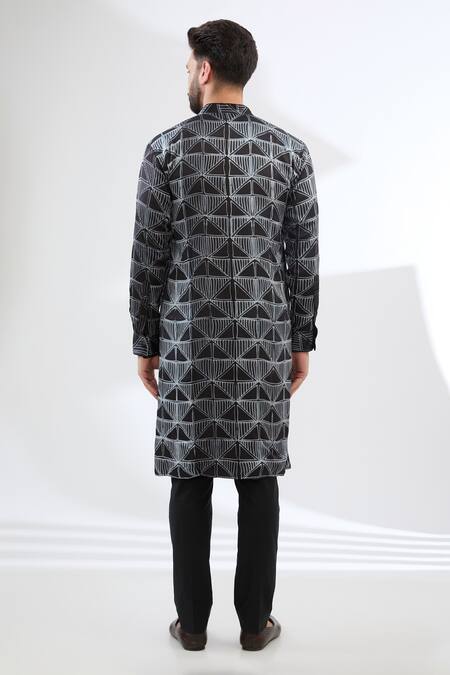 Shop Rabani & Rakha Black Silk, Cotton Embroidery Geometric Print Kurta And Pant Set at Aza Fashions Shop_Rabani & Rakha_Black Silk, Cotton Embroidery Geometric Print Kurta And Pant Set _at_Aza_Fashions