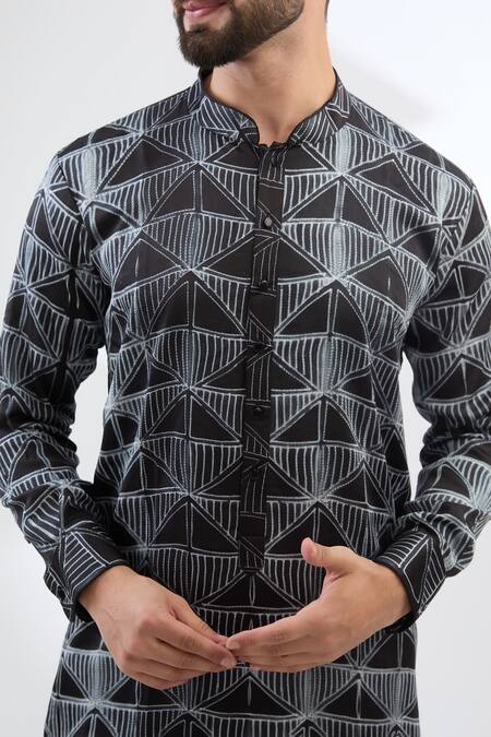 Buy Rabani & Rakha Black Silk, Cotton Embroidery Geometric Print Kurta And Pant Set Online at Aza Fashions Buy_Rabani & Rakha_Black Silk, Cotton Embroidery Geometric Print Kurta And Pant Set _Online_at_Aza_Fashions