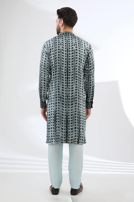 Shop Rabani & Rakha Black Crepe, Satin, Silk, Geometric Pattern Kurta And Pant Set at Aza Fashions Shop_Rabani & Rakha_Black Crepe, Satin, Silk, Geometric Pattern Kurta And Pant Set _at_Aza_Fashions