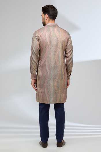 Shop Rabani & Rakha Beige Silk, Cotton Embroidery Kurta And Blue Pant Set at Aza Fashions Shop_Rabani & Rakha_Beige Silk, Cotton Embroidery Kurta And Blue Pant Set _at_Aza_Fashions