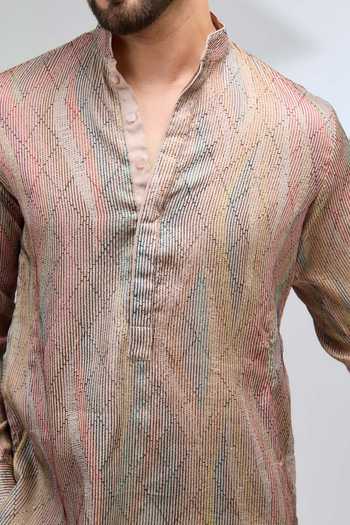 Shop Rabani & Rakha Beige Silk, Cotton Embroidery Kurta And Blue Pant Set Online at Aza Fashions Shop_Rabani & Rakha_Beige Silk, Cotton Embroidery Kurta And Blue Pant Set _Online_at_Aza_Fashions