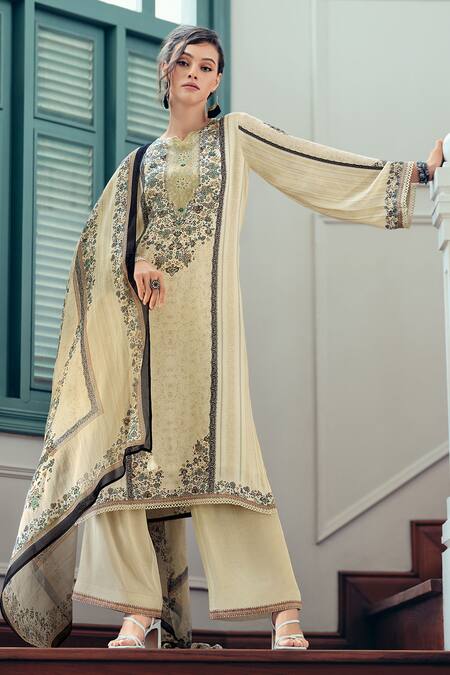 Shop_Label Varsha_Ivory Kurta Modal Satin Printed Floral Notched Set _at_Aza_Fashions