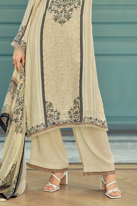 Label Varsha_Ivory Kurta Modal Satin Printed Floral Notched Set _Online_at_Aza_Fashions