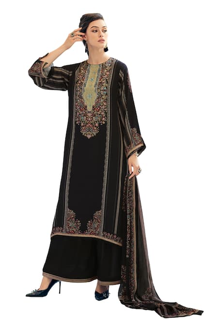 Label Varsha_Black Kurta Modal Satin Printed Floral Round Pattern Set _Online_at_Aza_Fashions