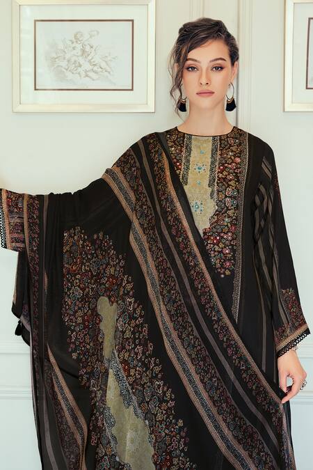 Shop_Label Varsha_Black Kurta Modal Satin Printed Floral Round Pattern Set _Online_at_Aza_Fashions