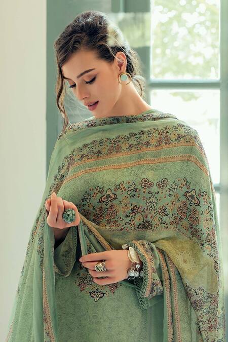 Label Varsha_Green Kurta Modal Satin Printed Floral Round Set _Online_at_Aza_Fashions