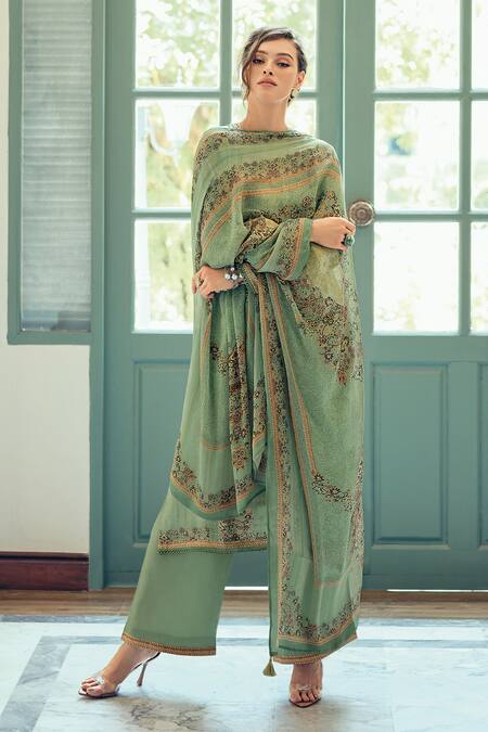 Shop_Label Varsha_Green Kurta Modal Satin Printed Floral Round Set _at_Aza_Fashions