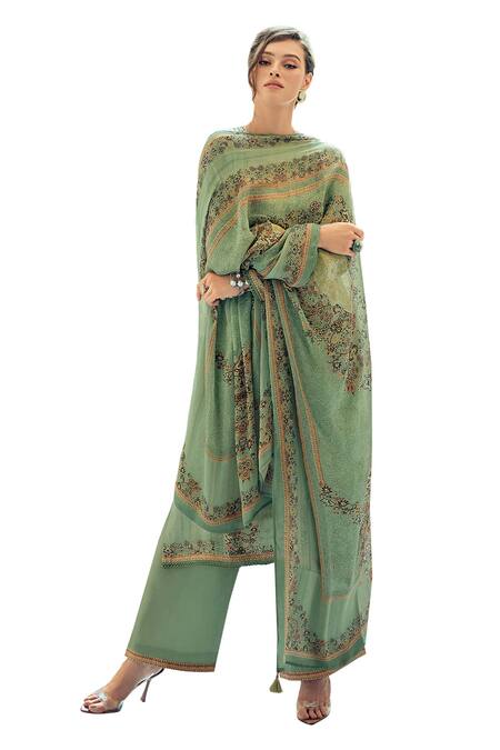 Shop_Label Varsha_Green Kurta Modal Satin Printed Floral Round Set _Online_at_Aza_Fashions