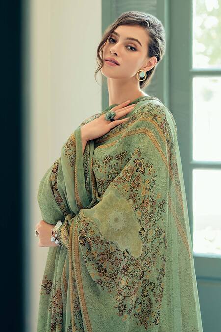 Buy_Label Varsha_Green Kurta Modal Satin Printed Floral Round Set 