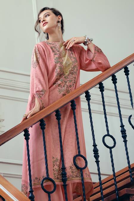 Shop_Label Varsha_Pink Kurta Modal Satin Printed Floral Round Pattern Set _at_Aza_Fashions