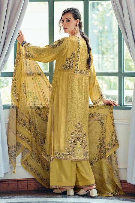 Shop Label Varsha Yellow Modal, Silk, Viscose Embroidery, Sequins Round Floral Print Kurta Set at Aza Fashions Shop_Label Varsha_Yellow Modal, Silk, Viscose Embroidery, Sequins Round Floral Print Kurta Set_at_Aza_Fashions
