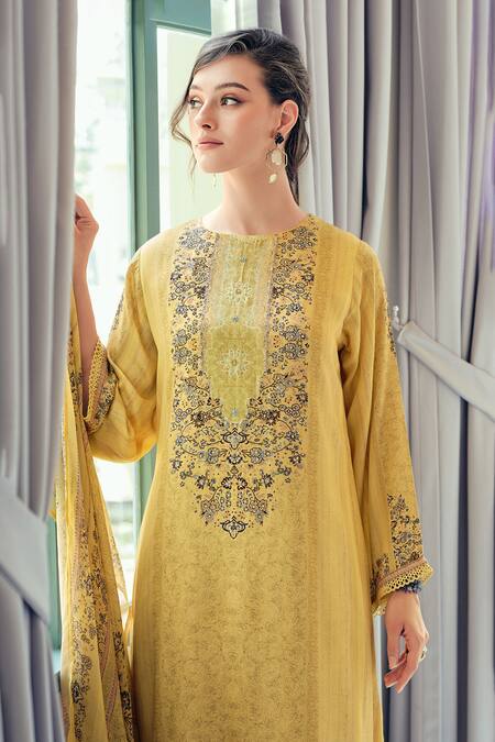 Buy Label Varsha Yellow Modal, Silk, Viscose Embroidery, Sequins Round Floral Print Kurta Set Online at Aza Fashions Buy_Label Varsha_Yellow Modal, Silk, Viscose Embroidery, Sequins Round Floral Print Kurta Set_Online_at_Aza_Fashions