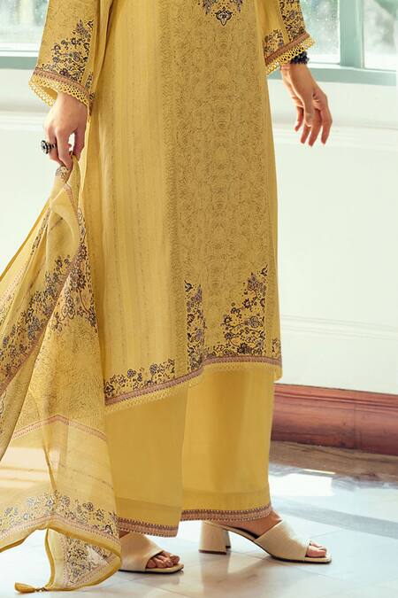 Shop Label Varsha Yellow Modal, Silk, Viscose Embroidery, Sequins Round Floral Print Kurta Set Online at Aza Fashions Shop_Label Varsha_Yellow Modal, Silk, Viscose Embroidery, Sequins Round Floral Print Kurta Set_Online_at_Aza_Fashions