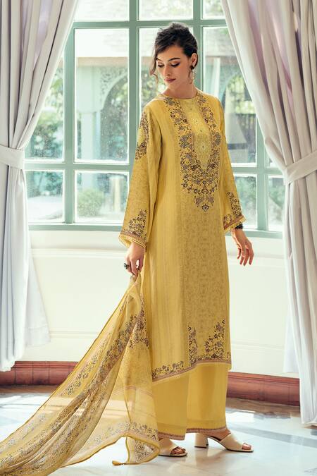 Label Varsha Yellow Modal, Silk, Viscose Embroidery, Sequins Round Floral Print Kurta Set at Aza Fashions Label Varsha_Yellow Modal, Silk, Viscose Embroidery, Sequins Round Floral Print Kurta Set_at_Aza_Fashions
