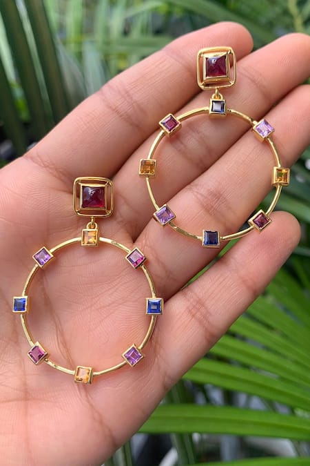 Shop Ruuh Studios Gold Plated Cut Work, Stones Embellished Hoops at Aza Fashions Shop_Ruuh Studios_Gold Plated Cut Work, Stones Embellished Hoops _at_Aza_Fashions