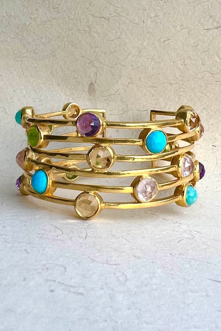 Shop Ruuh Studios Gold Plated Crystals Multi Stone Studded Bangle at Aza Fashions Shop_Ruuh Studios_Gold Plated Crystals Multi Stone Studded Bangle _at_Aza_Fashions