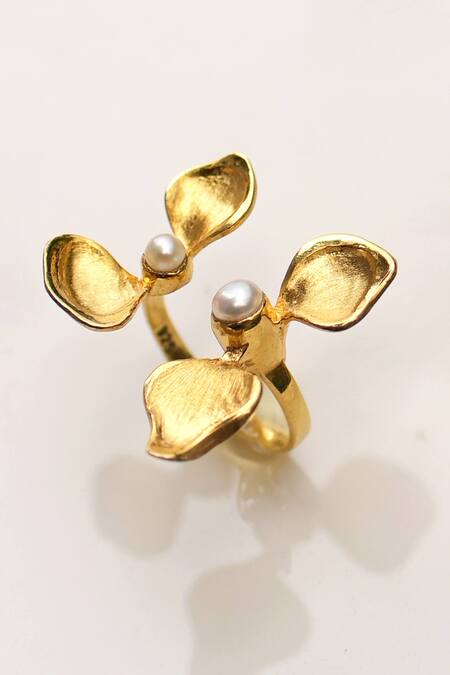 Shop_Ruuh Studios_Gold Plated Pearl Pahi Embellished Ring _Online_at_Aza_Fashions