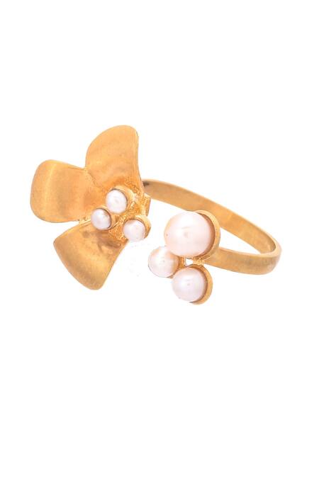 Ruuh Studios_Gold Plated Pearls Daisy Petal Embellished Ring _Online_at_Aza_Fashions