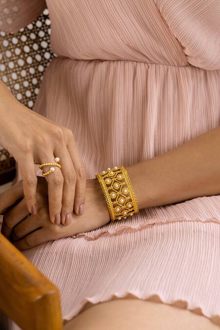 Ruuh Studios Gold Plated Pearls Freshwater Embellished Bangle Online at Aza Fashions Ruuh Studios_Gold Plated Pearls Freshwater Embellished Bangle _Online_at_Aza_Fashions