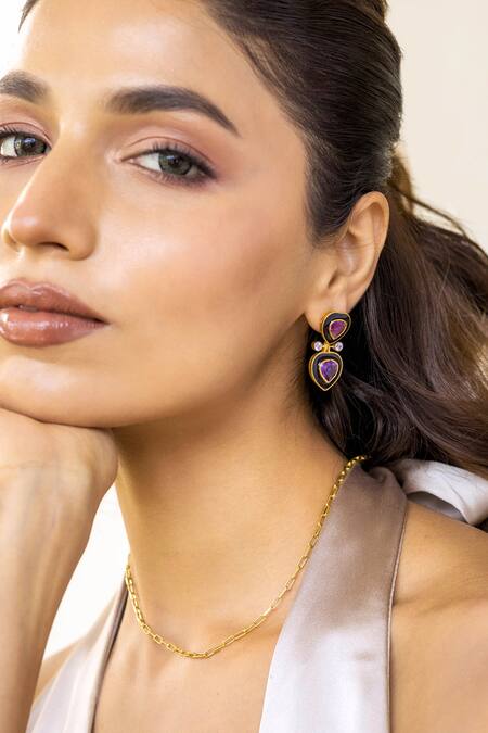 Ruuh Studios_Gold Plated Diamonds, Stones Zoie Amethyst Embellished Earrings _Online_at_Aza_Fashions