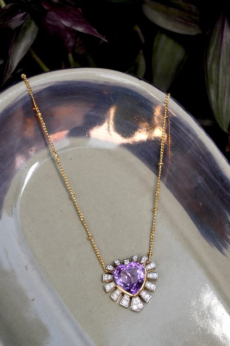 Shop Ruuh Studios Gold Plated Radiance Heart Embellished Pendant Necklace at Aza Fashions Shop_Ruuh Studios_Gold Plated Radiance Heart Embellished Pendant Necklace _at_Aza_Fashions