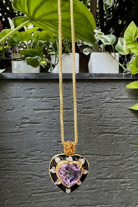 Shop Ruuh Studios Gold Plated Amethyst And Citrine Embellished Heart Pendant Necklace at Aza Fashions Shop_Ruuh Studios_Gold Plated Amethyst And Citrine Embellished Heart Pendant Necklace _at_Aza_Fashions