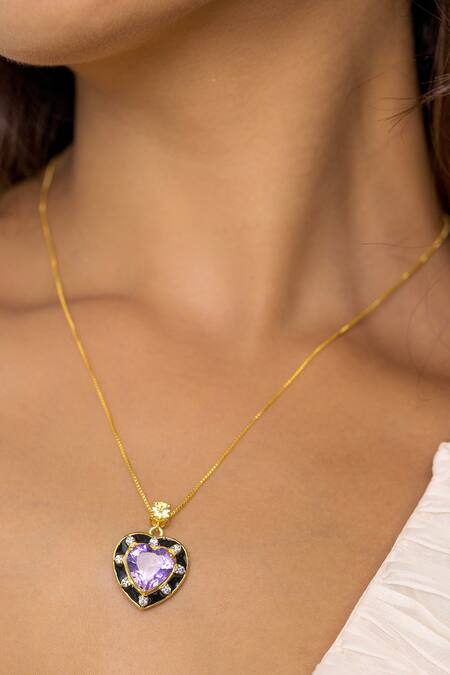 Shop Ruuh Studios Gold Plated Amethyst And Citrine Embellished Heart Pendant Necklace Online at Aza Fashions Shop_Ruuh Studios_Gold Plated Amethyst And Citrine Embellished Heart Pendant Necklace _Online_at_Aza_Fashions