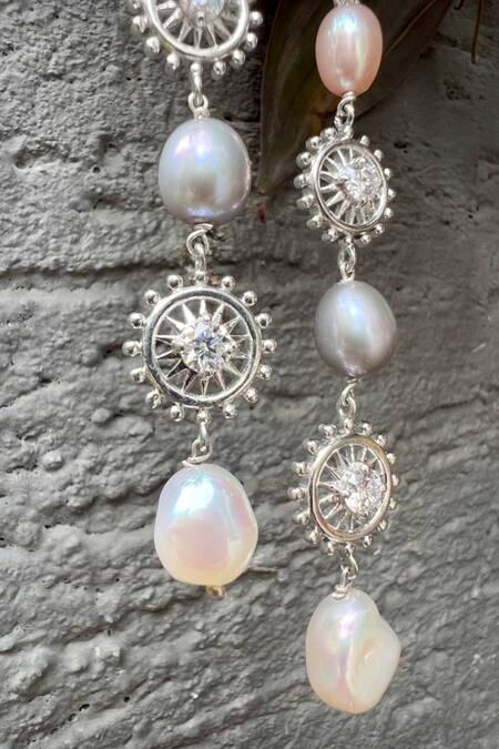 Shop_Ruuh Studios_Gold Plated Pearls, Mirrors Multi Drop Earrings _Online_at_Aza_Fashions