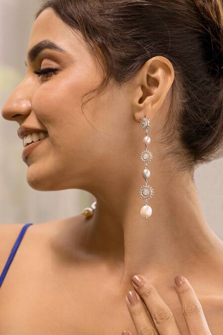 Ruuh Studios_Gold Plated Pearls, Mirrors Multi Drop Earrings _at_Aza_Fashions