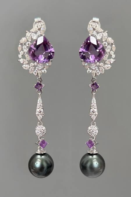 Ruuh Studios Amethyst & Pearl Embellished Drop Earrings 