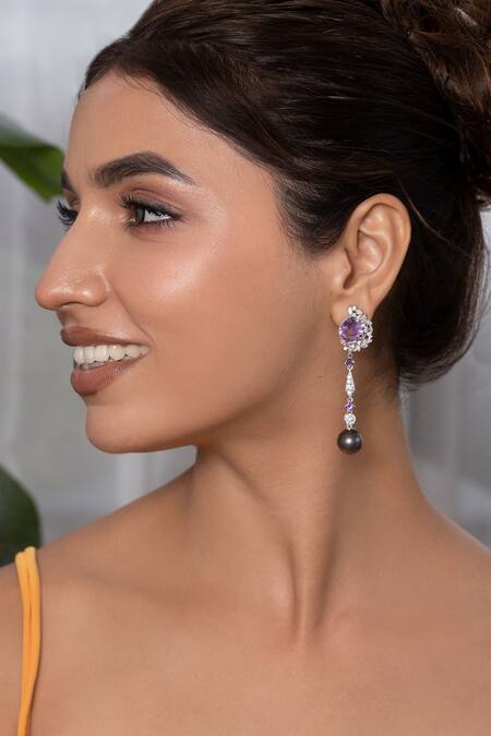 Buy Ruuh Studios White Diamonds, Stones, Pearls Amethyst And Embellished Drop Earrings Online at Aza Fashions Buy_Ruuh Studios_White Diamonds, Stones, Pearls Amethyst And Embellished Drop Earrings _Online_at_Aza_Fashions