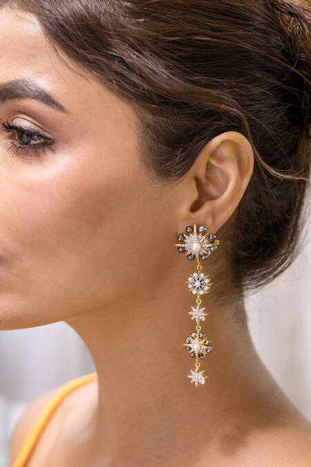 Ruuh Studios_White Diamonds, Pearls Sunburst Embellished Earrings _Online_at_Aza_Fashions