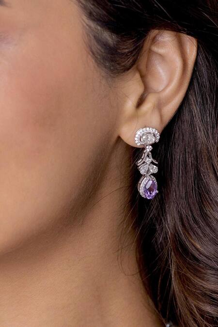 Ruuh Studios White Diamonds, Stones Meira Amethyst Embellished Earrings Online at Aza Fashions Ruuh Studios_White Diamonds, Stones Meira Amethyst Embellished Earrings _Online_at_Aza_Fashions