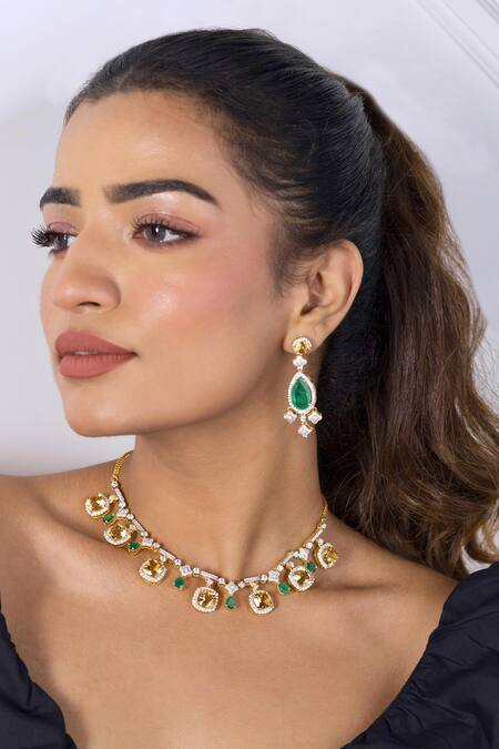 Shop Ruuh Studios Green Metallic Thread, Diamonds, Stones Amaya Moissanite Embellished Earrings Online at Aza Fashions Shop_Ruuh Studios_Green Metallic Thread, Diamonds, Stones Amaya Moissanite Embellished Earrings _Online_at_Aza_Fashions
