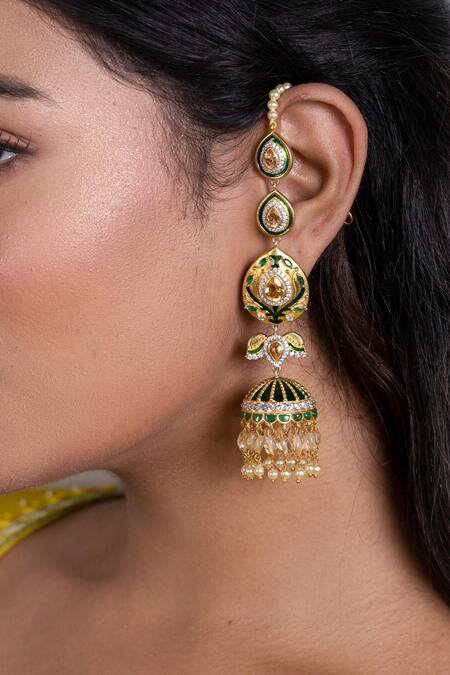 Shop_Ruuh Studios_Green Citirne And Meenakari Jhumkas _Online_at_Aza_Fashions