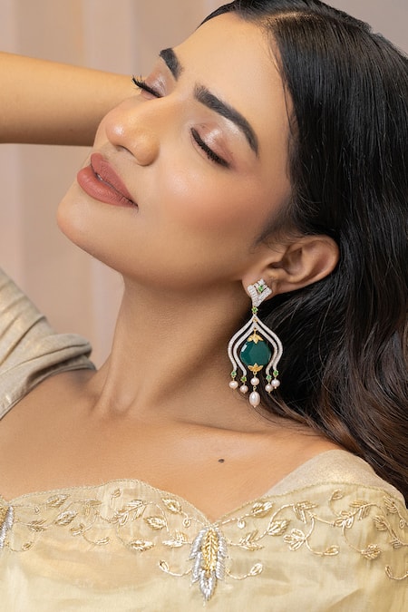 Ruuh Studios_Green Pearls, Diamonds Aafreen Moissanite Embellished Earrings _Online_at_Aza_Fashions