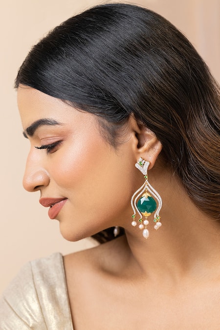 Buy_Ruuh Studios_Green Pearls, Diamonds Aafreen Moissanite Embellished Earrings _Online_at_Aza_Fashions