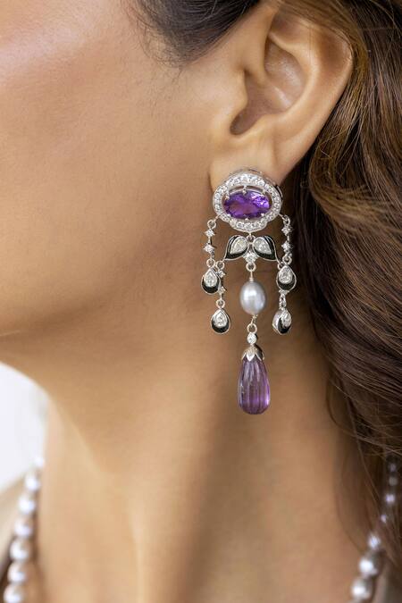 Buy_Ruuh Studios_Purple Metallic Thread Deco Amethyst Embellished Pendant Necklace Set _Online_at_Aza_Fashions