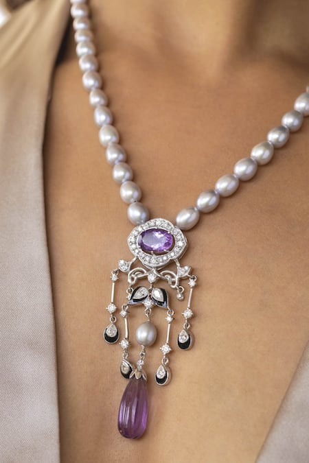 Shop_Ruuh Studios_Purple Metallic Thread Deco Amethyst Embellished Pendant Necklace Set _Online_at_Aza_Fashions