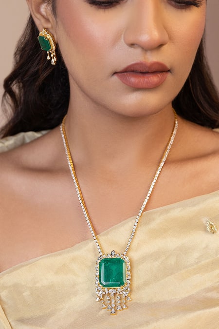 Shop_Ruuh Studios_Gold Plated Diamonds, Iris Doublet Moissanite Embellished Pendant Necklace Set _Online_at_Aza_Fashions