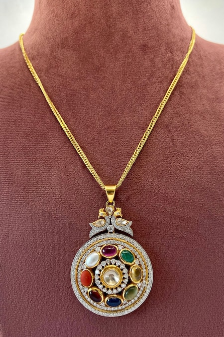 Ruuh Studios Amira Navratna Stone Embellished Pendant Necklace 
