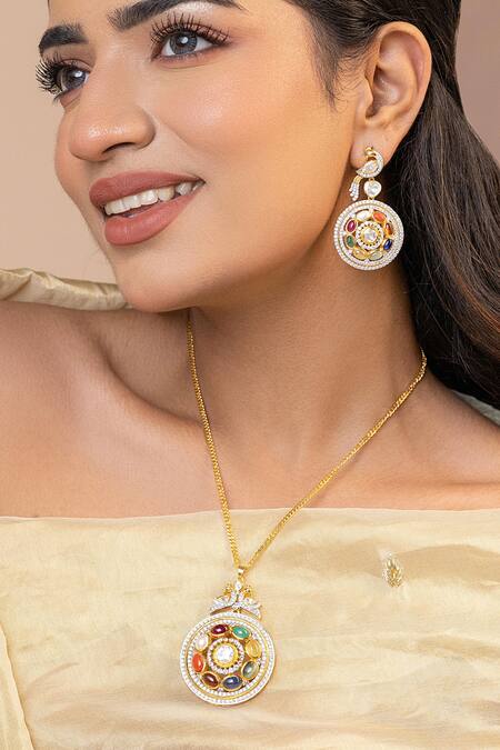 Ruuh Studios Gold Plated Amira Navratna Stone Embellished Pendant Necklace Online at Aza Fashions Ruuh Studios_Gold Plated Amira Navratna Stone Embellished Pendant Necklace _Online_at_Aza_Fashions