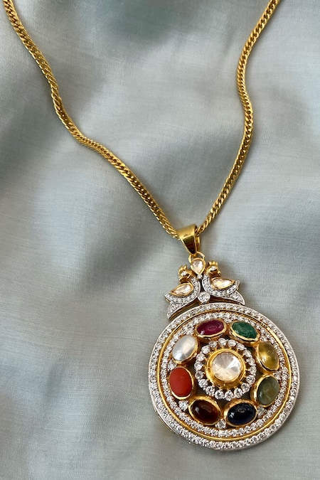 Buy Ruuh Studios Gold Plated Amira Navratna Stone Embellished Pendant Necklace Online at Aza Fashions Buy_Ruuh Studios_Gold Plated Amira Navratna Stone Embellished Pendant Necklace _Online_at_Aza_Fashions